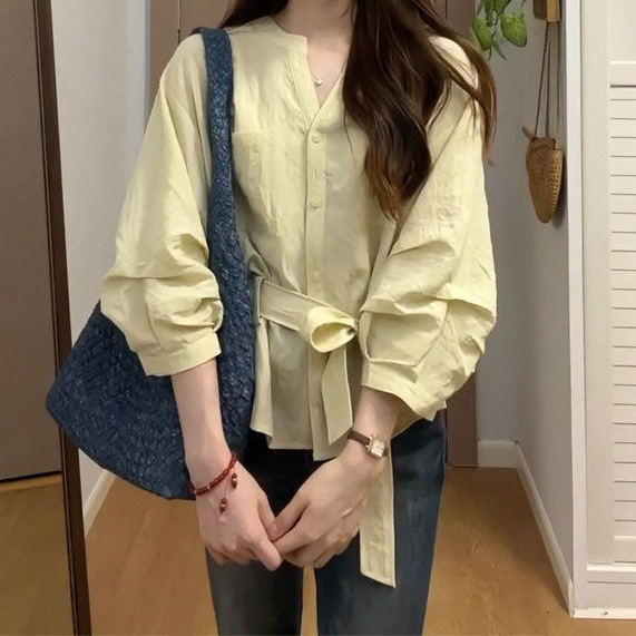 大码早秋穿搭胖mm慵懒韩系收腰衬衫新款宽松修身遮肉气质显瘦上衣|undefined