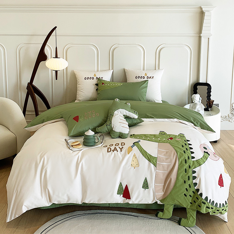 Washable Long-Staple Cotton Four-Piece Set Cartoon Three-Dimensional Embroidery Children's Quilt Cover Bedding Wholesale Reactive Printing and Dyeing