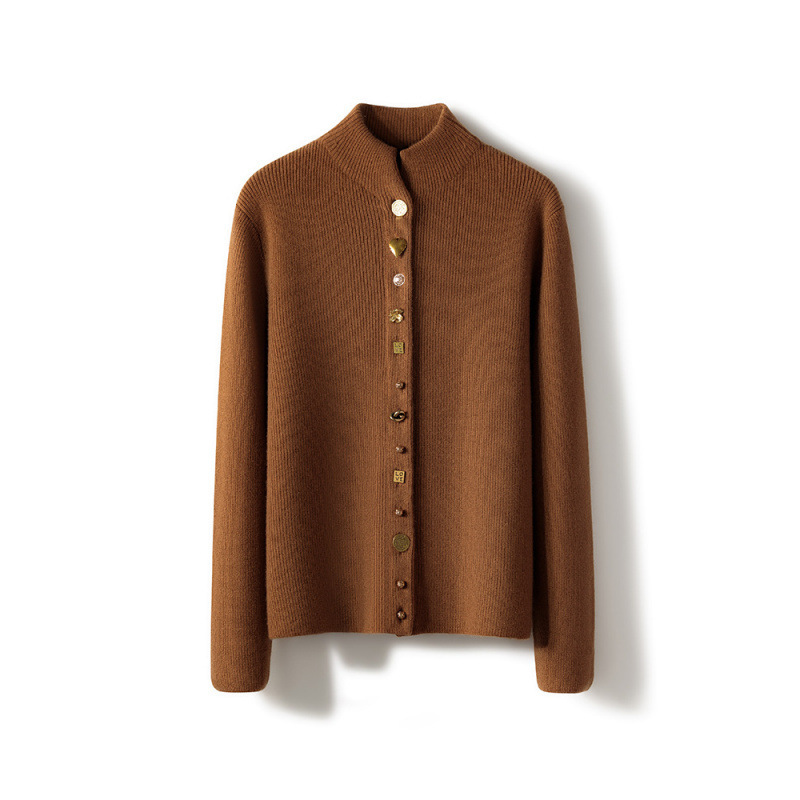 100 Pure Cashmere Niche Design Brown Shaped Top Women's All-match Fashionable Long-sleeved Collar Cardigan
