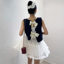 韩国正品女装G2025夏季新款纯色直筒圆领蝴蝶结露背短款针织马甲