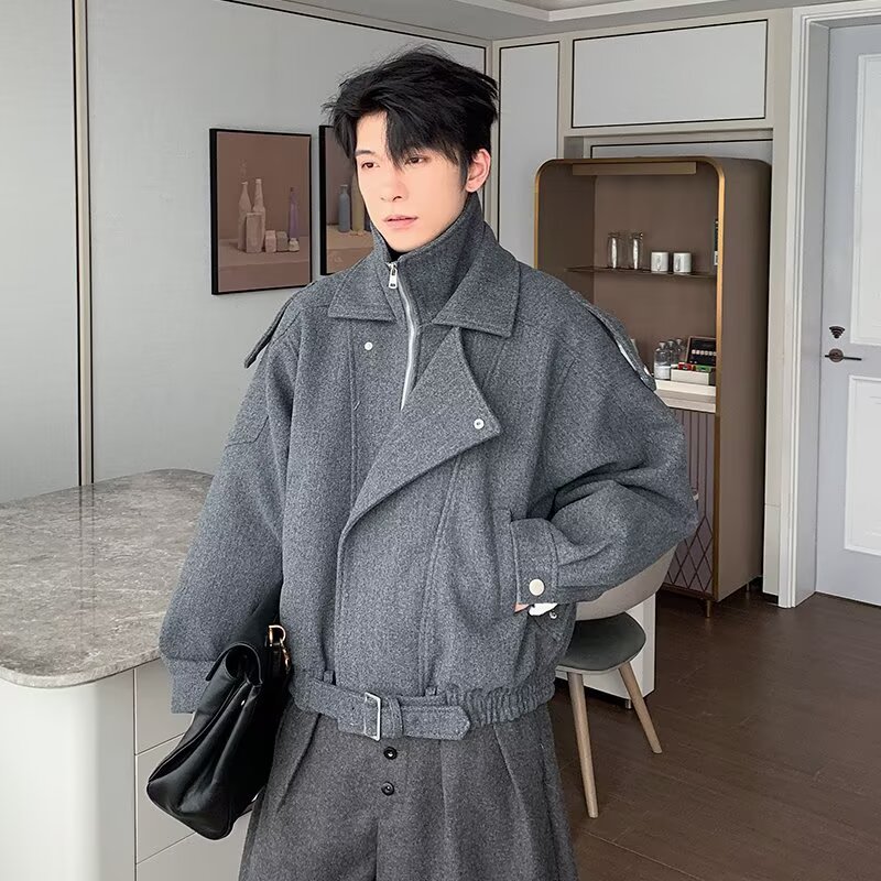 Korean Retro High-End Silhouette Double-Layer Stand-Up Collar Woolen Jacket Men's Autum Street Handsome Jacket Cleanfit