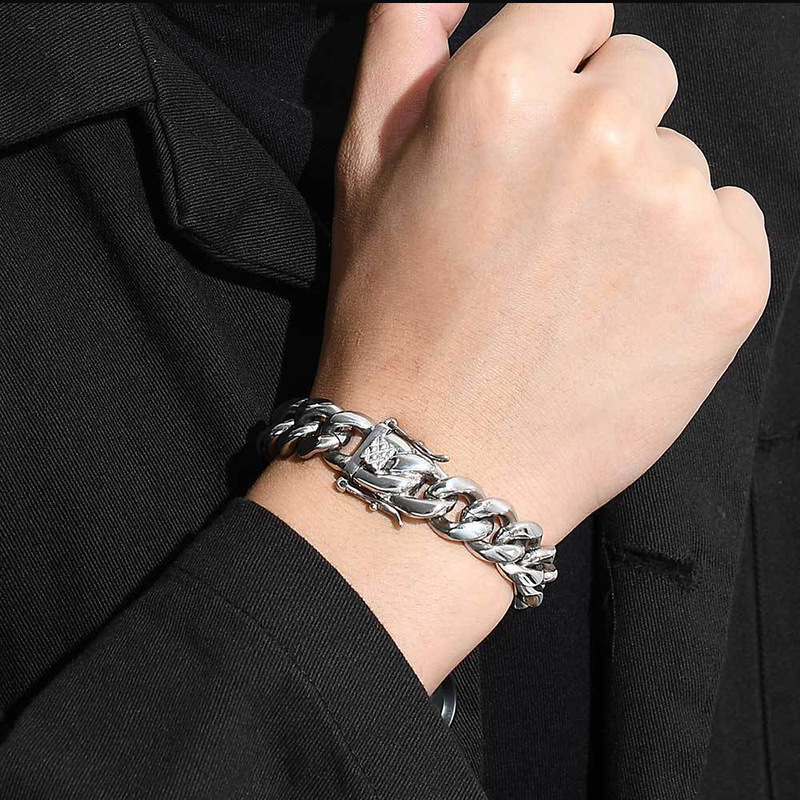 1 Piece Quantity Wish  Stainless Steel Round Grinding Cuban Bracelet Men's Titanium Steel Hip Hop Fine Polishing Dragon Head Buckle Bracelet