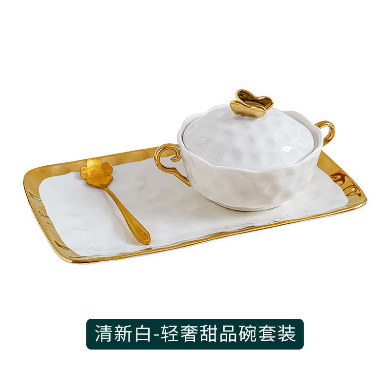 Cuenco de postre de agua de azúcar de cerámica set hogar Nido de Pájaro estofado tazón de sopa Internet celebridad una persona comida doble oreja tazón con tapa tazón de desayuno