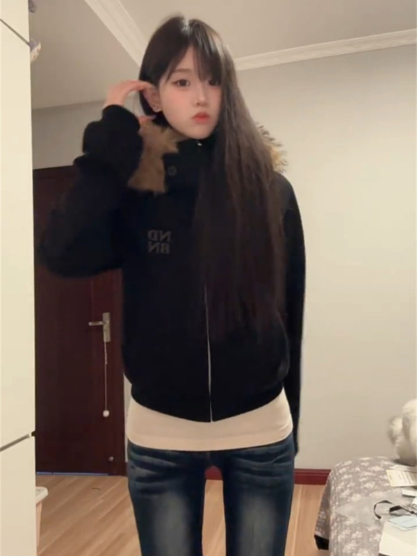 美式高街黑色显瘦字母毛领连帽长袖卫衣女春秋收腰原宿风开衫上衣|undefined