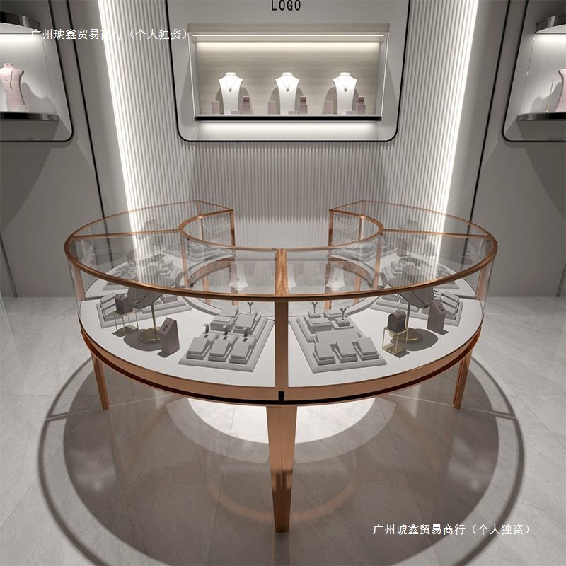 商场圆弧形珠宝展示柜直播不锈钢铁艺椭圆玻璃翡翠金银饰柜台轻奢