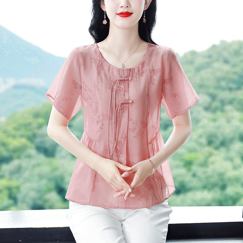 夏の新型綿麻半袖シャツの女性中国式のボタンは年齢がゆったりしています。|undefined