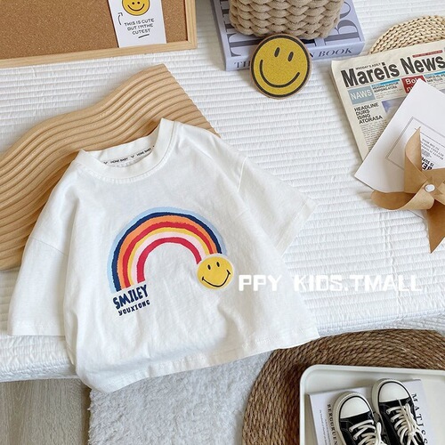 2025 new summer dress baby Western-style all-match top for boys, rainbow strip, quarter pants, two-piece trendy children's suit