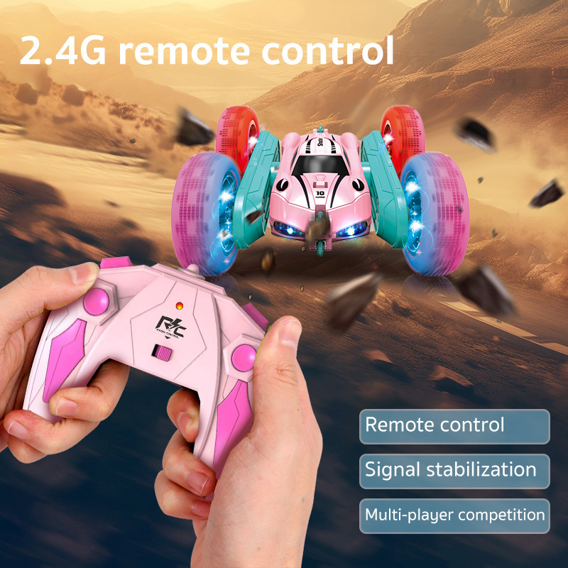 Cross-border new four-wheel drive double-sided stunt car light tire swing arm rolling car boys and girls toy pink remote control car Cross-border new four-wheel drive double-sided stunt car light tire swing arm rolling car boys and girls toy pink remote control car