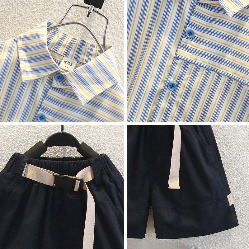 7961 traje de camisa a rayas para niños 2025 nuevos productos de verano para niños, camisa y pantalones cortos para niños de manga corta, traje de dos piezas