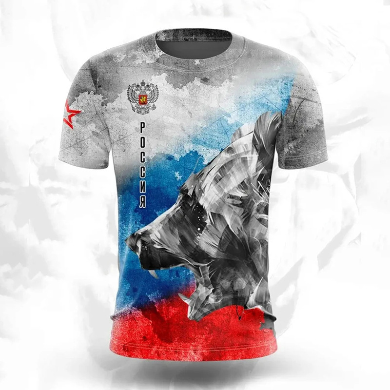クロスボーダー夏メンズ Tシャツカジュアルルーズロシア国旗プリント通気性半袖紳士服ストリート|undefined