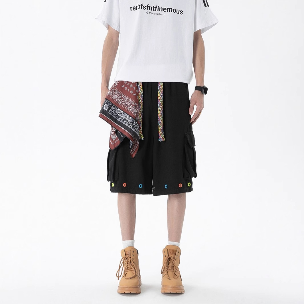 American-Style Cargo Shorts for Men, Summer Cool Design, Woven Drawstring Knee-Length Shorts, Trendy Brand, Loose Casual Mid-Length Shorts