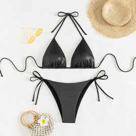 新款欧美纯色三角比基尼WISH分体泳衣批发性感女士泳装bikini系带