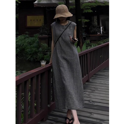 2025 summer new style retro simple strapless linen dress, pear shaped slimming all-match temperament plaid straight skirt