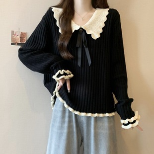 Plus size design contrast color age-reducing doll collar wooden ear sweater women's winter chubby girl slimming meat-covering top