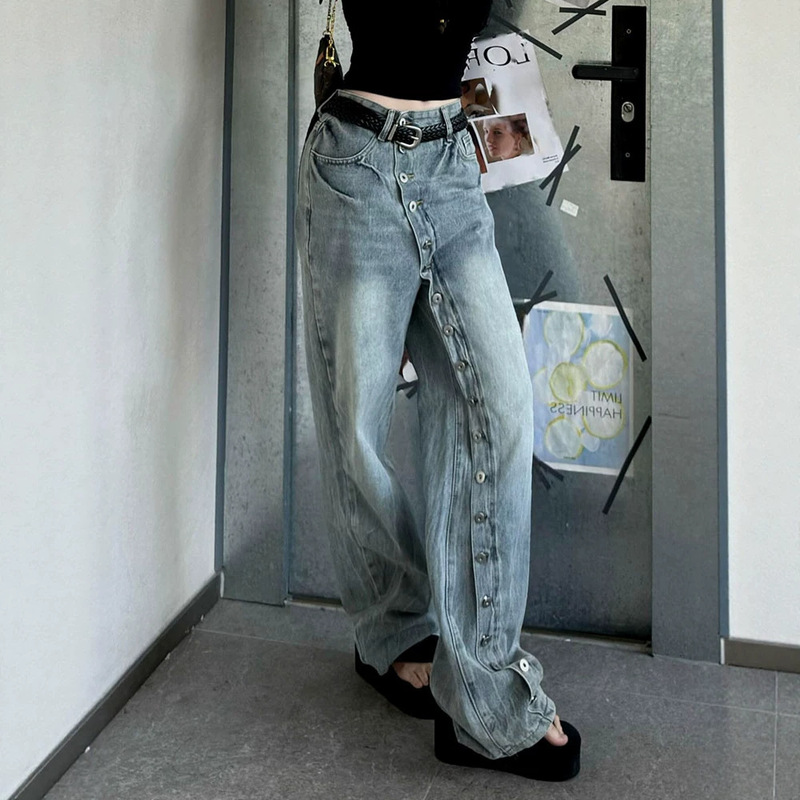 American retro style trendy niche denim pants with diagonal button closure, summer women's loose slimming floor-length pants American retro style trendy niche denim pants with diagonal button closure, summer women's loose slimming floor-length pants