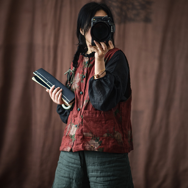 Magpie/Xiangyun yarn printing craft linen women's vest National style retro buckle cardigan vest sleeveless waistcoat