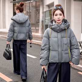 简约休闲撞色连帽短款棉服女小个子女生冬季御寒保暖女装外套