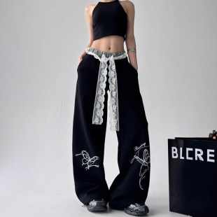American-Style Bow Lace Casual Pants for Women, Spring and Autumn Color-Blocking Sweatpants, Sweet and Spicy Pure Desire Design Sports Pants