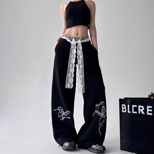 American-style bow lace casual pants for women, spring and autumn color-blocking and splicing track pants, sweet and spicy, pure desire style, design sense sportswear