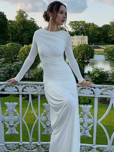 Hot-selling European and American Women's Wear 2025 Early Autumn New Arrival: Stylish, Slim-Fit Pleated Elegant Round-Neck Long-Sleeve Dress for Women