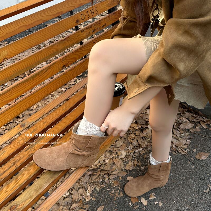复古真皮慵懒风堆堆靴女2025秋冬新款百搭平底马丁靴勃肯西部靴子|undefined