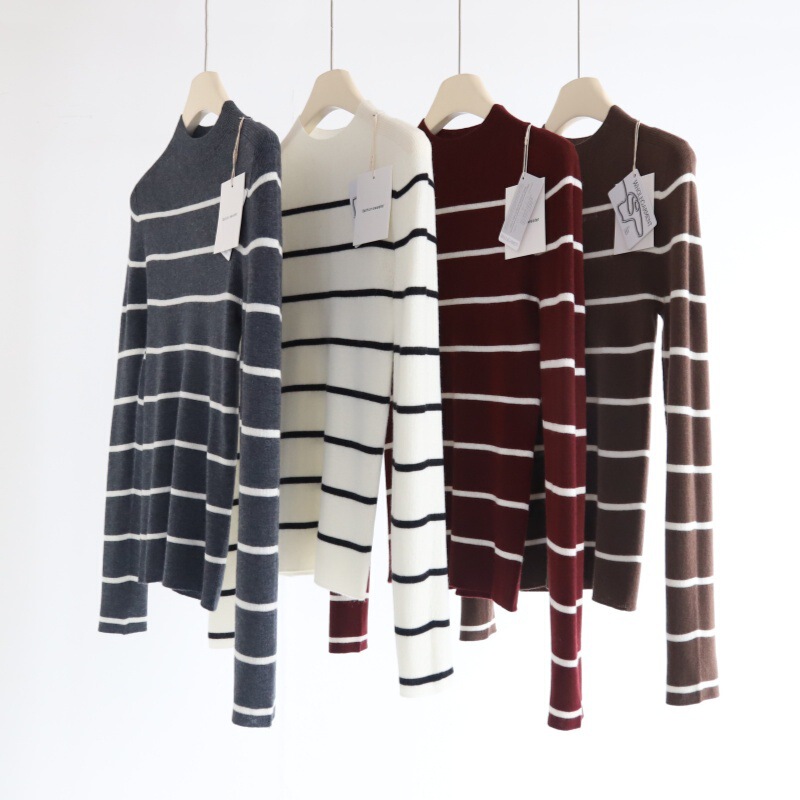 Seamless One-Line Ready-To-Wear 33 Fine Wool Half Turtleneck Stripesd Knitted Bottoming Shirt for Women Autumn and Winter New Inner Top