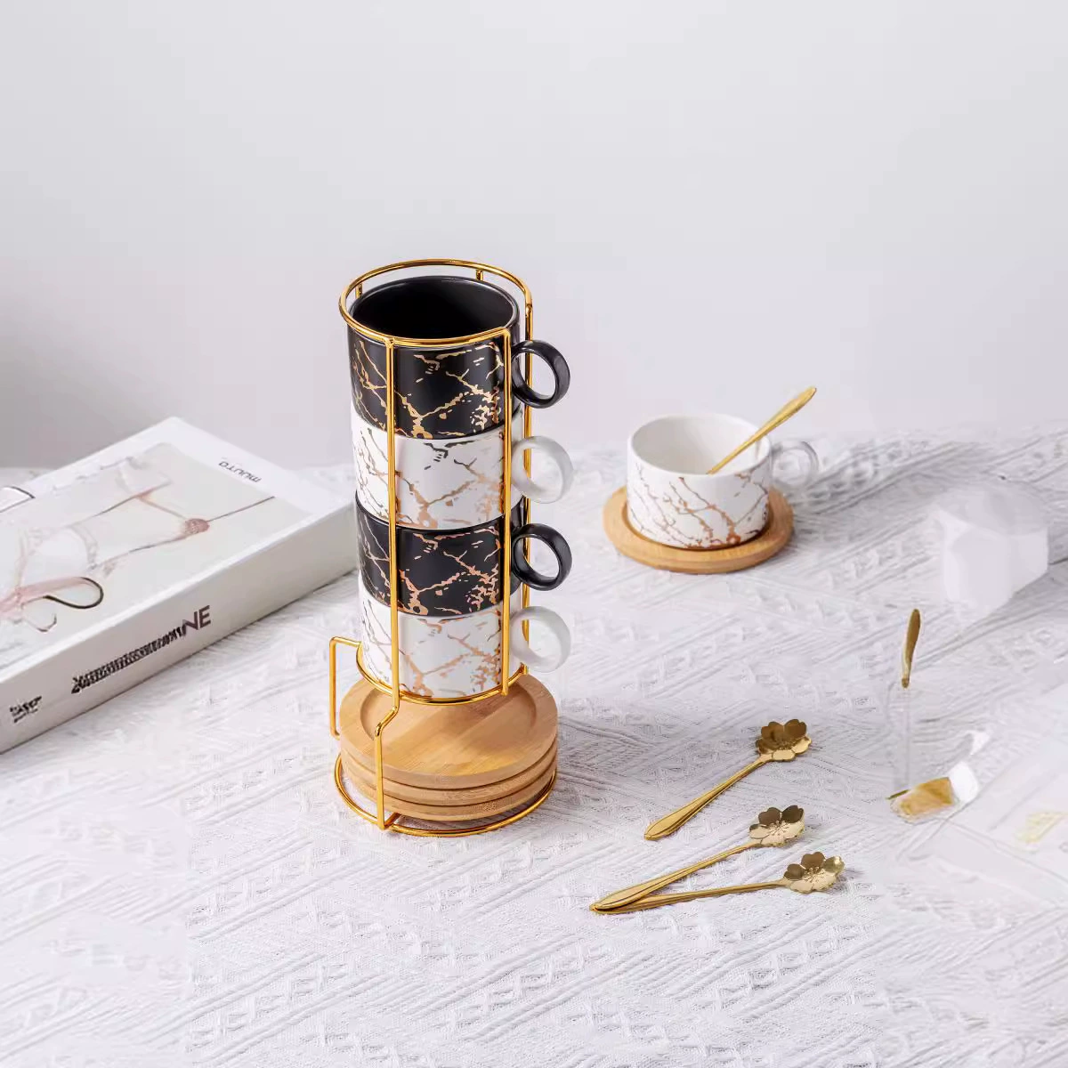 Ceramic coffee white set, marble design tea cup, golden spoon, 180 ml