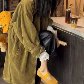 商场专柜女装复古慵懒灯芯绒风衣外套冬季中长款时尚气质条绒大衣