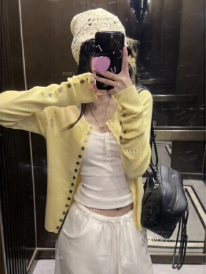 加州落日限定 贝壳扣麻灰针织开衫修身显瘦防晒长袖上衣|undefined