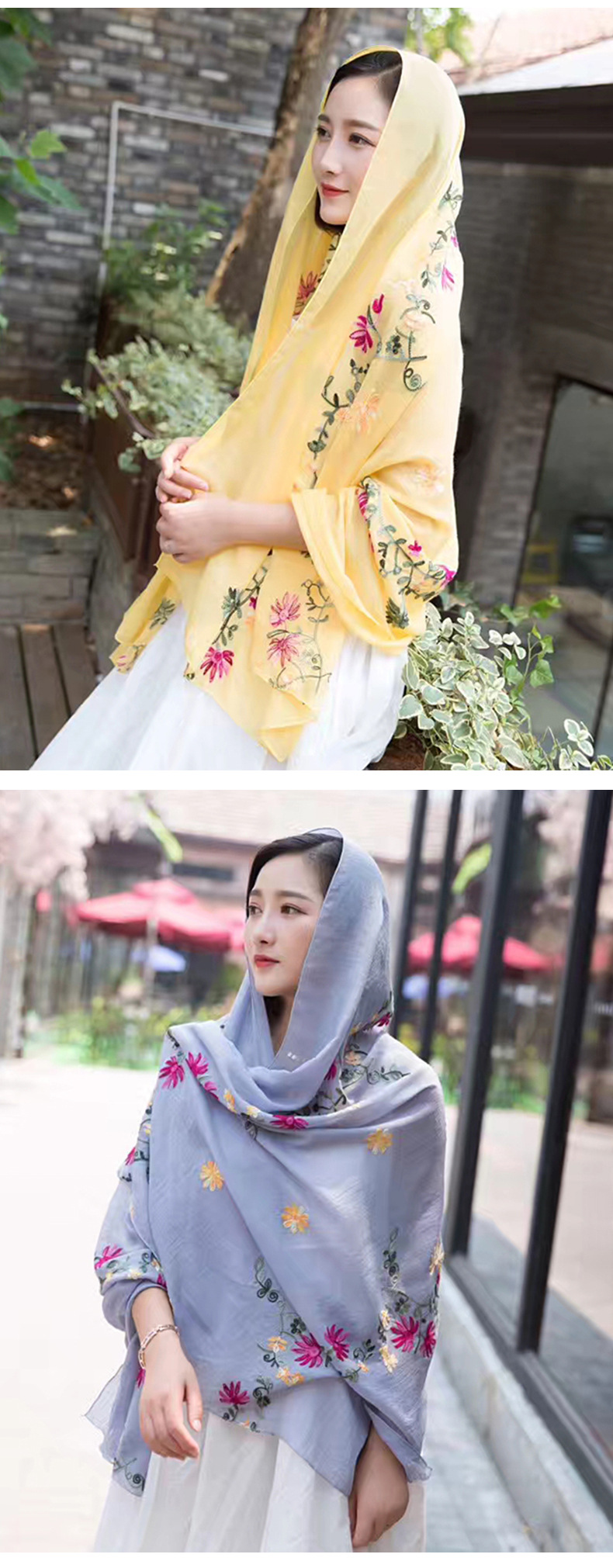 200g Weight Scarf Classification Street Occasion cotton and linen Material Flower Pattern Spring&Summer Season Women'S Gender Embroidery Design Classic Style Style Women's Classic Style Flower Cotton And Linen Embroidery Scarf
