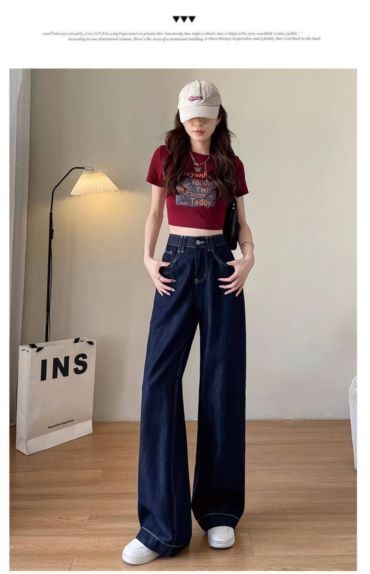 Quần jean nữ ống rộng cạp cao dáng suông vải Tencel mỏng mùa hè — Màu tannin - kéo dài chi tiết 9