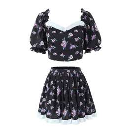 2024新款法式少女萝莉风白边碎花裙套装女 泡泡袖高腰小上衣+半裙