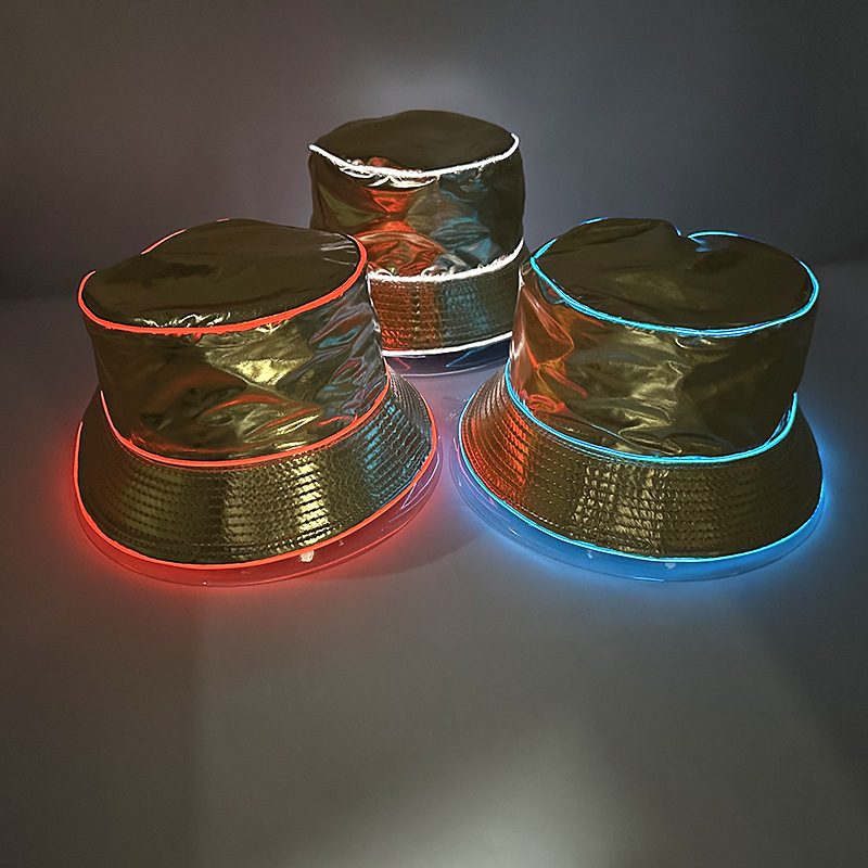 Ocio al aire libre sombrero de bañera de sol nocturna LED brillante tendencia sombrero de pescador sombrero de oro y plata sombrero de espectáculo de escenario