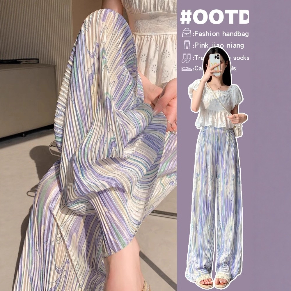 Plus Size Women's Gradient Pleated Ice Silk Wide-Leg Pants Summer High-Waisted Drape Straight-Leg Floor-Length Pants