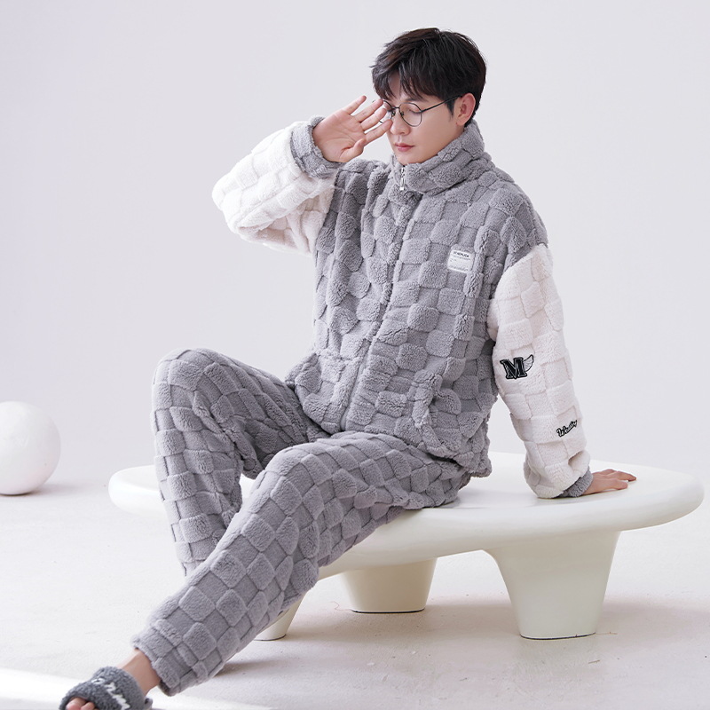 Pijamas de franela los hombres del otoño y el invierno collar soporte caliente juventud coral fleece homewear traje se puede usar fuera
