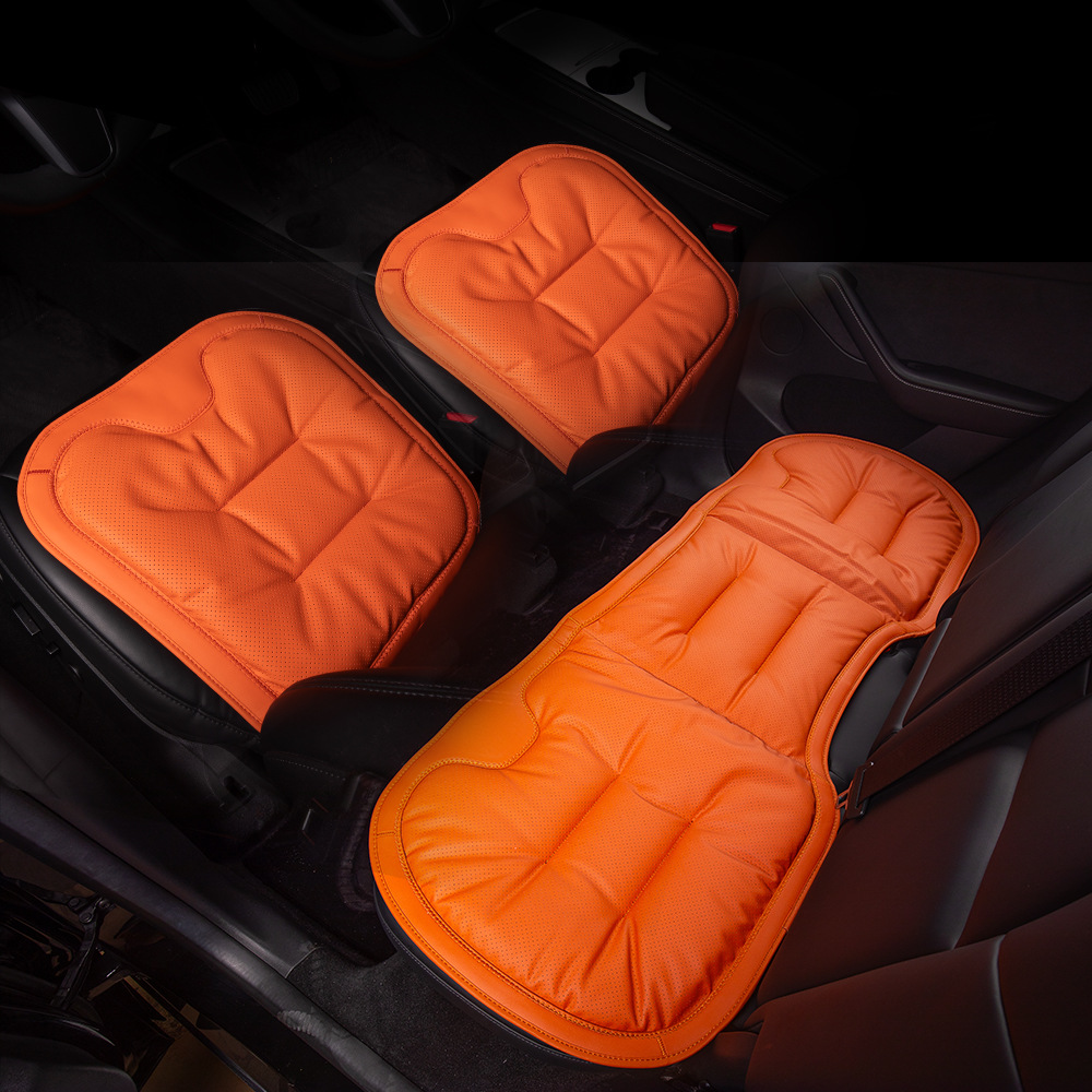 Seat cushion, seat cover: Universal Universal Single Piece Seat - hermes-orange-nappa-leatheranti-slip-breathable-full-car-3-piece-set
