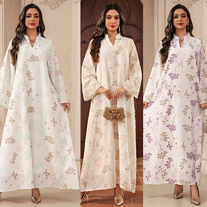 Ab519Jalabiya Embroidered Fabric Fashionable V-Neck Robe Home Daily Dress Spring and Summer New Women's Clothing in Stock Ab519Jalabiya Embroidered Fabric Fashionable V-Neck Robe Home Daily Dress Spring and Summer New Women's Clothing in Stock