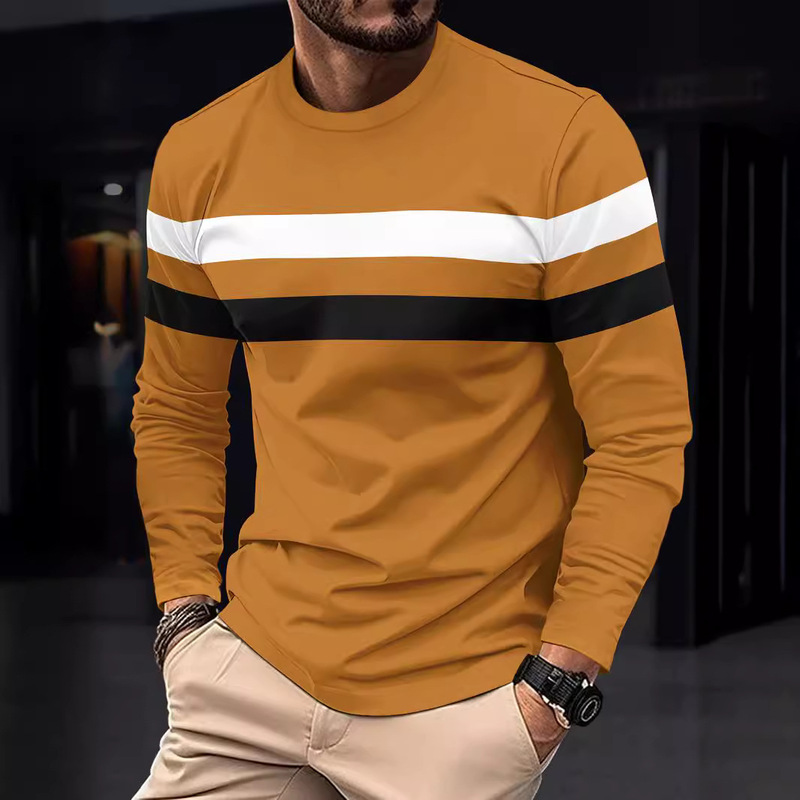 Cross-border foreign trade plus size autumn and winter men's round neck long sleeve color matching base shirt pullover thin long sleeve T-shirt men