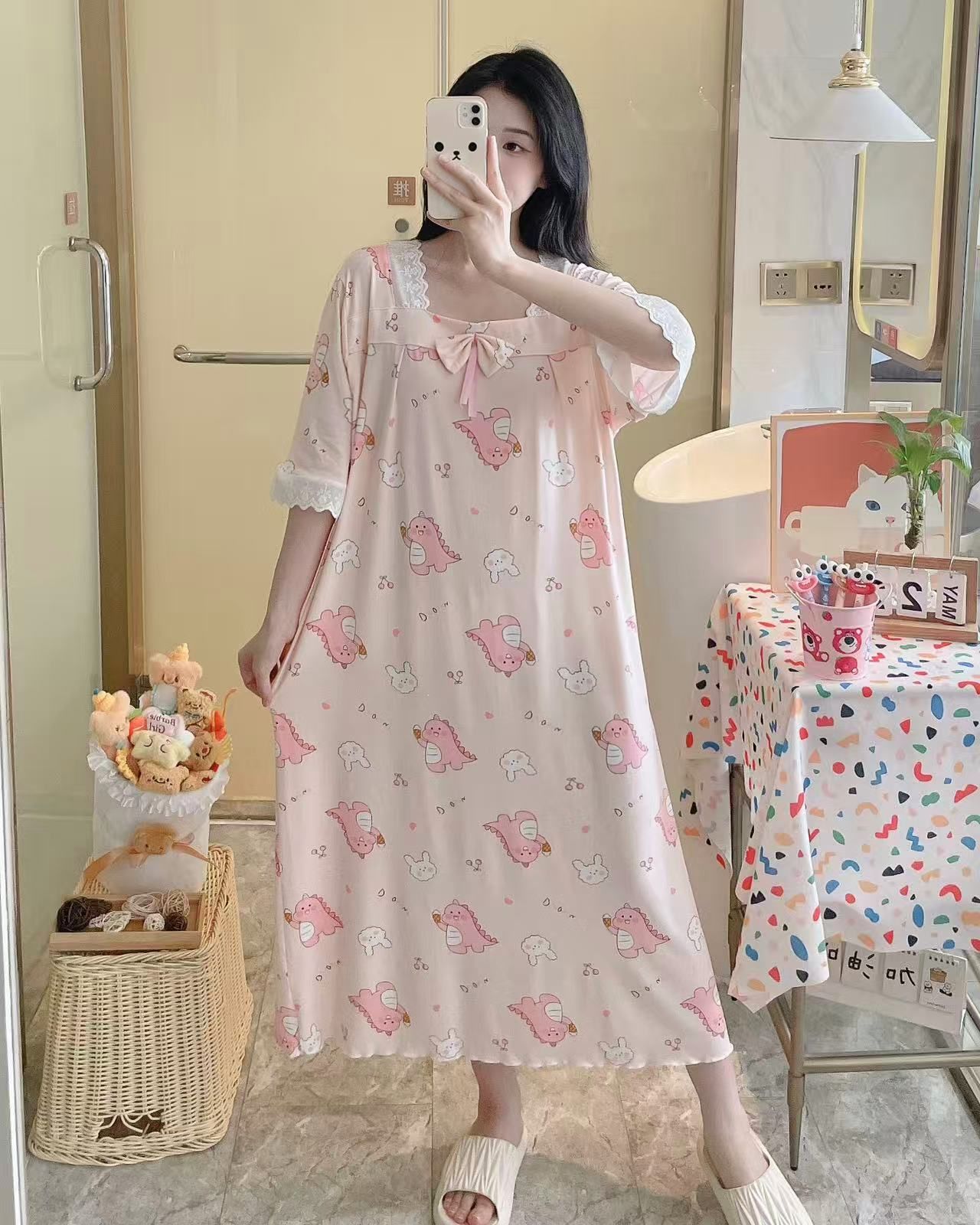 Transfronterizo al por mayor imitación de algodón dulce dibujos animados mangas cortas pijamas de primavera y otoño mujeres verano ropa larga y delgada suelta para el hogar
