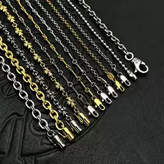 Collection of Single Chain Jewelry: Thai Silver Vintage Sweater Chain, Thick Letter Chain, Cross Chain, Thin Pearl Chain, Round Bead Chain, Braided Chain