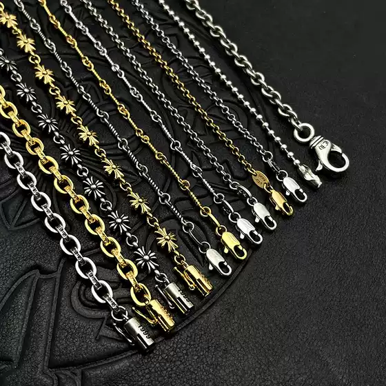 Collection of Single Chain Jewelry: Thai Silver Vintage Sweater Chain, Thick Letter Chain, Cross Chain, Thin Pearl Chain, Round Bead Chain, Braided Chain