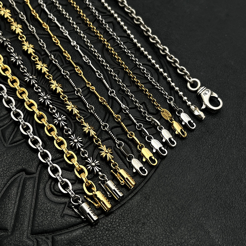 Jewelry Single Chain Collection: Thai Silver Vintage Sweater Chain, Thick Letter Chain, Cross Chain, Fine Pearl Chain, Round Bead Chain, Braided Chain