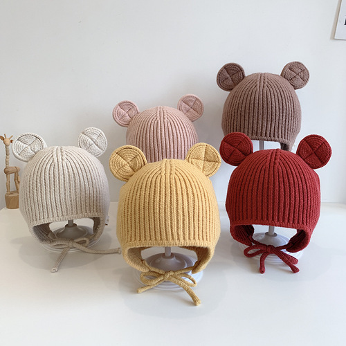Korean version solid color round ears children's woolen hat children's single hat 3-18 months winter style knitted hat baby ear protection hat