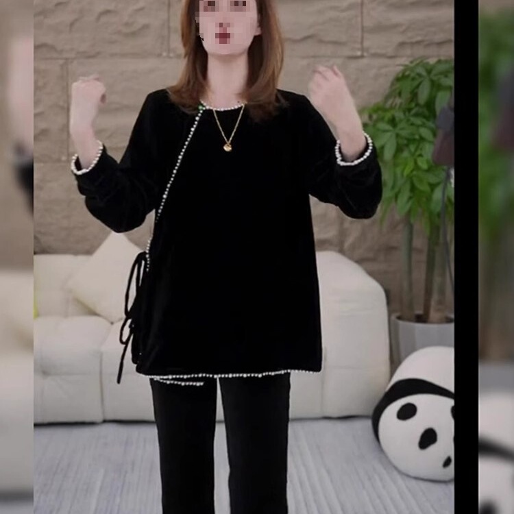 Black Velvet New Chinese Style Top for Women 2025 Autumn New Fashion Stylish Long-Sleeve Beaded Shirt Black Velvet New Chinese Style Top for Women 2025 Autumn New Fashion Stylish Long-Sleeve Beaded Shirt