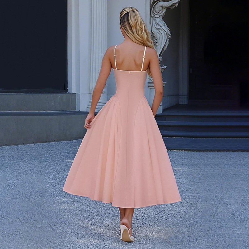 Robe élégante à bretelles et col en V pour femme – Taille haute, coupe moulante, couleur unie estivale (noir/rose, S-L)_voghion.com