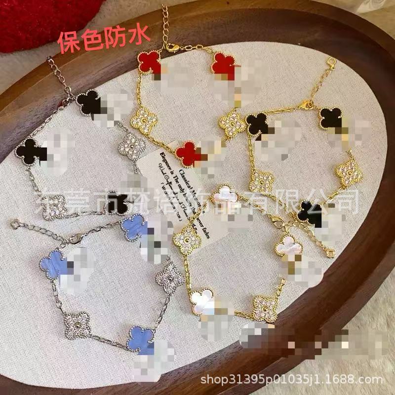 Cross-Border Diamond Double-Sided 15mm Four-Leaf Clover Bracelet Titanium 18K Diamond Double-Sided Bracelet Jewelry Fashion Hand Jewelry