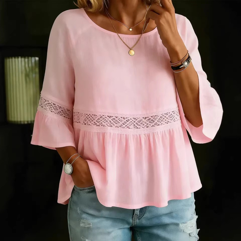 2026 Cross-Border Foreign Trade Amazon New Spring and Summer Hot-Selling Loose Cotton and Linen Lace Patchwork Round Neck Shirt Women's Top