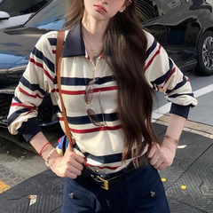韩系撞色条纹POLO领针织衫女春秋季宽松慵懒风毛衣设计感外穿上衣