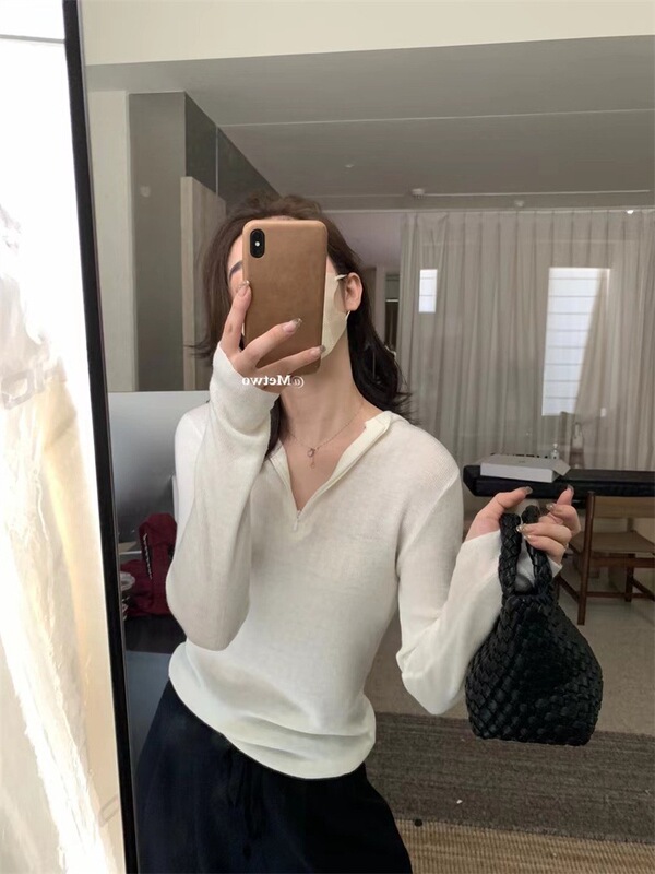 韩系温柔半拉链连帽针织衫女秋冬内搭慵懒修身打底毛衣设计感上衣|undefined
