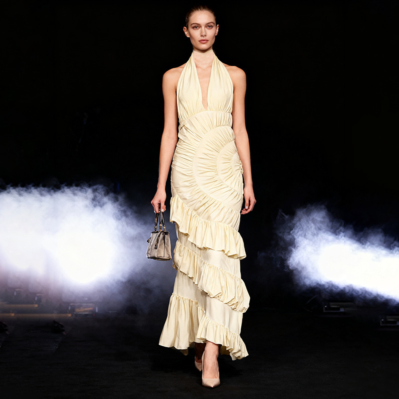 Beige Halter Neck Backless Long Dress 2026 Summer New Women's Pleated Ruffle Interwoven Dress